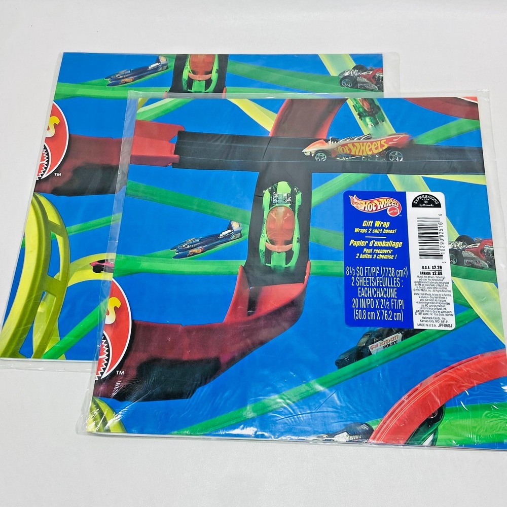 Lot of 2 Hot Wheels Car Gift Wrap Paper NOS Mattel Hallmark Ambassador 1997 USA